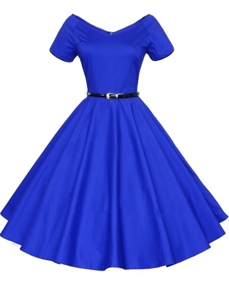 Enticing&amp- Vintage V Neck Plain Skater-Dress Blue on Luulla